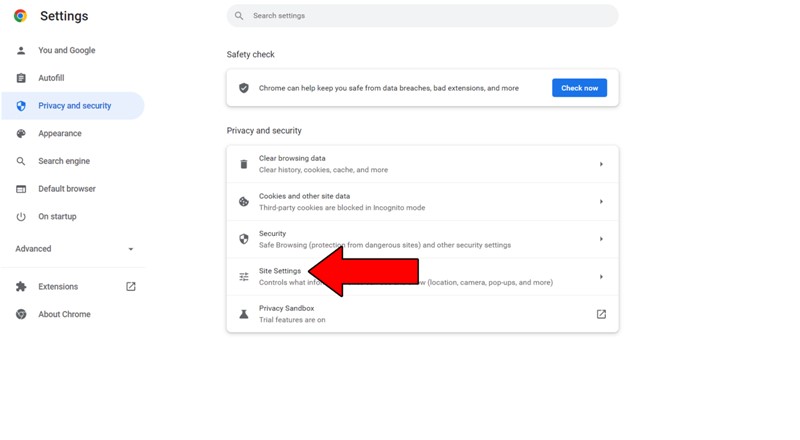 Chrome Security Site Settings Menu