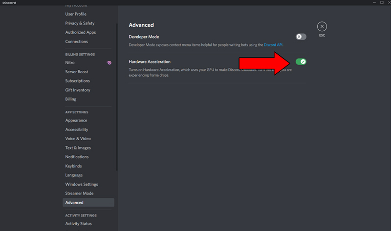 Red Arrow Pointing to Hardware Acceleration in Discord Advanced Settings