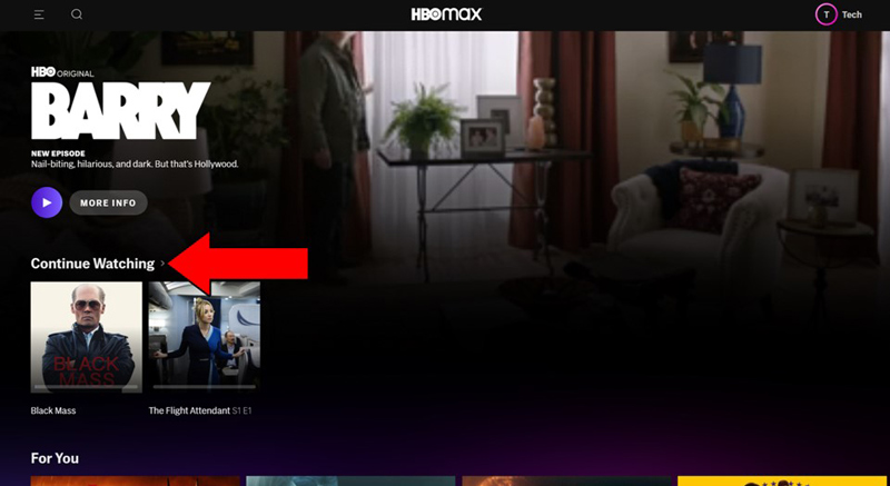 Hbo Menu With Red Arrow Pointing Continue Watching