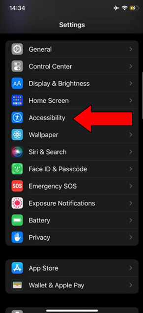 Red Arrow Pointing IOS Settings Accesibility Option