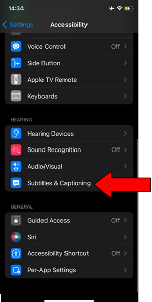 Arrow Pointing Subtitles And Captioning Option In IOS Settings