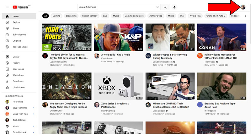 Youtube Web Main Page With Red Arrow Pointing Profile Photo