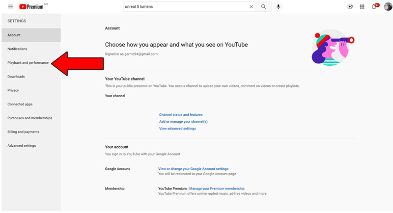 Inside of the Playback And Performace menu in Youtube Web