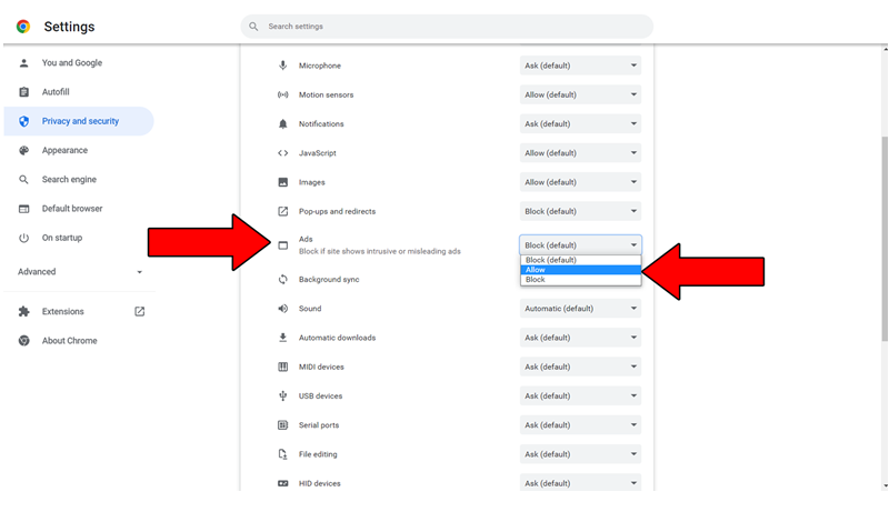 Setting Adds Allow On Privace And Security