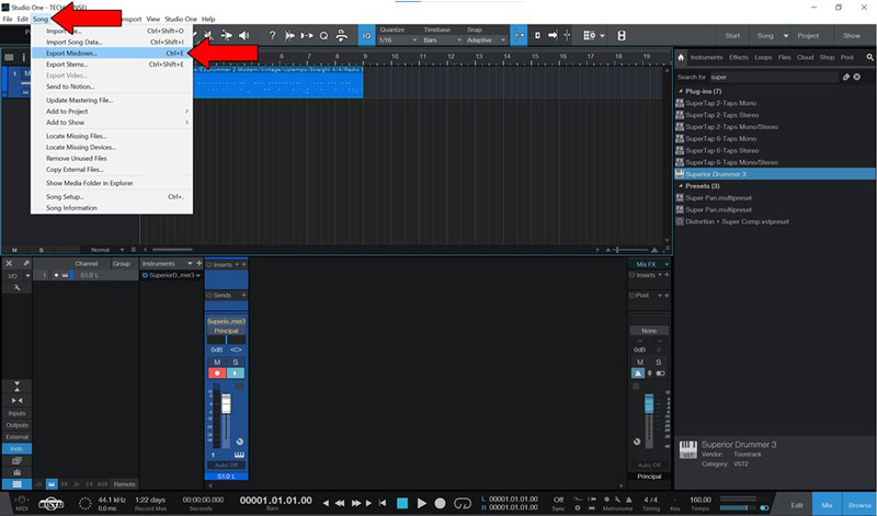 Studio One Export Mixdown Options