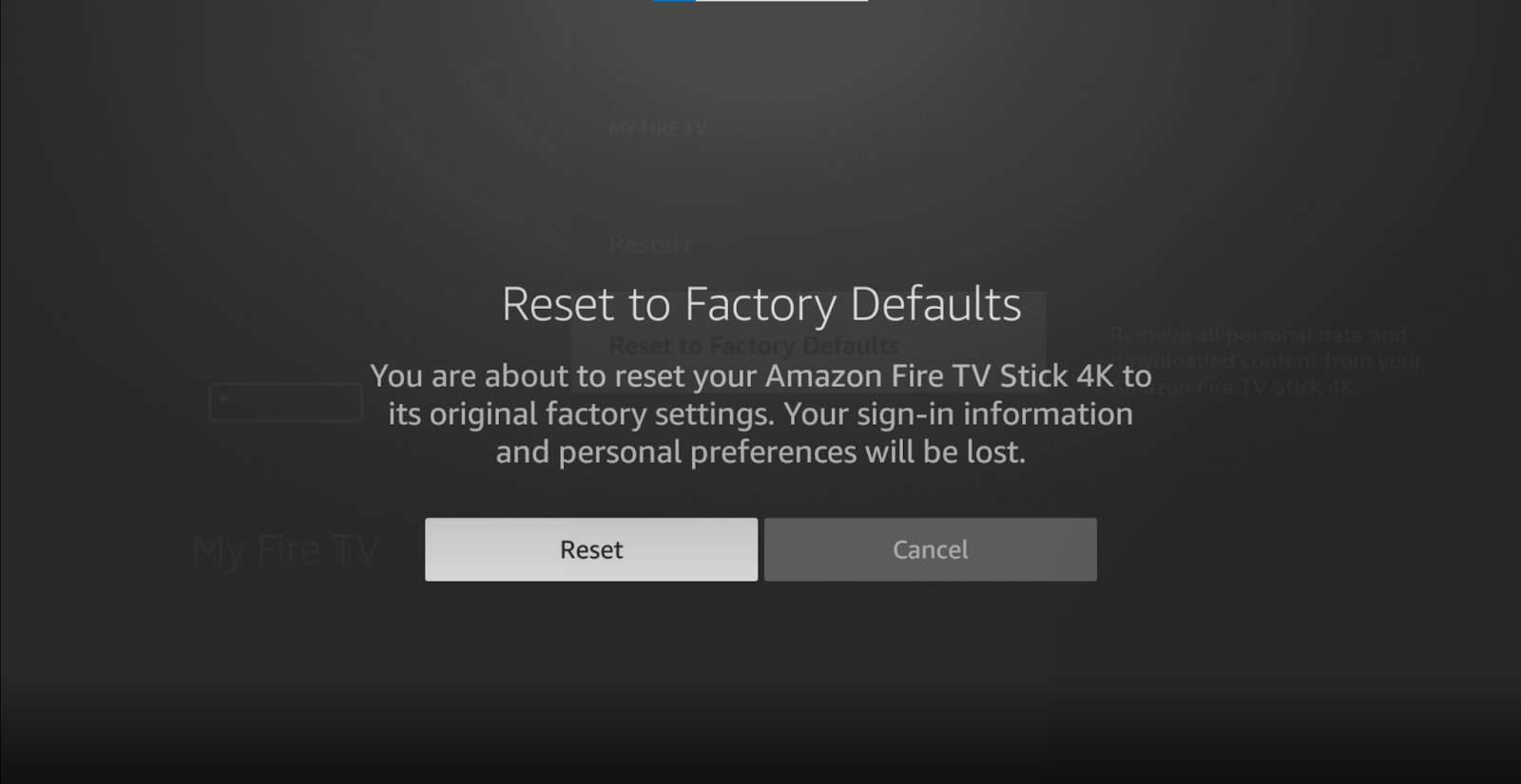 Confirm reset to factory defaults on Amazon Fire Stick