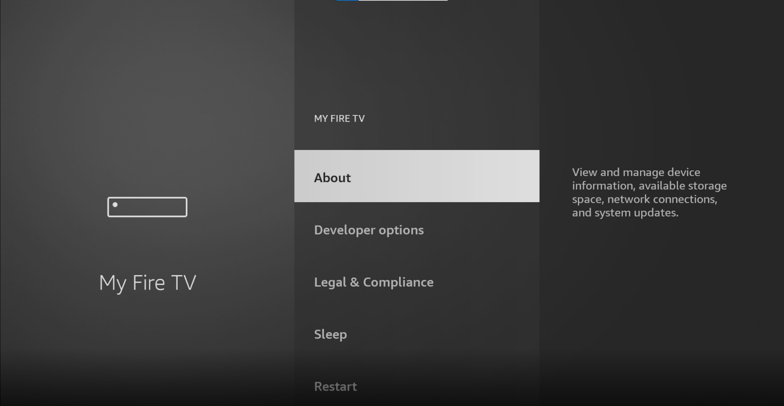 Select About on My Fire TV settings on Amazon Firestick