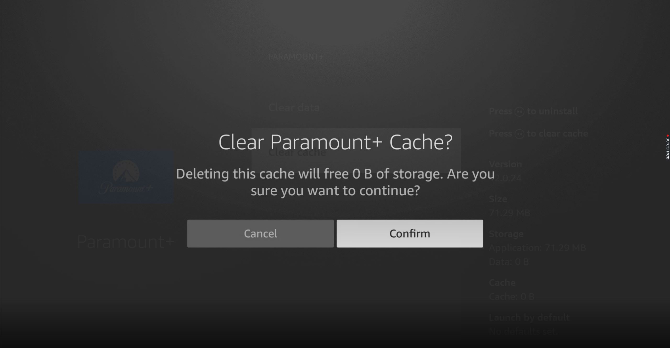 How to confirm clearing Paramount Plus cache on Amazon Firestick