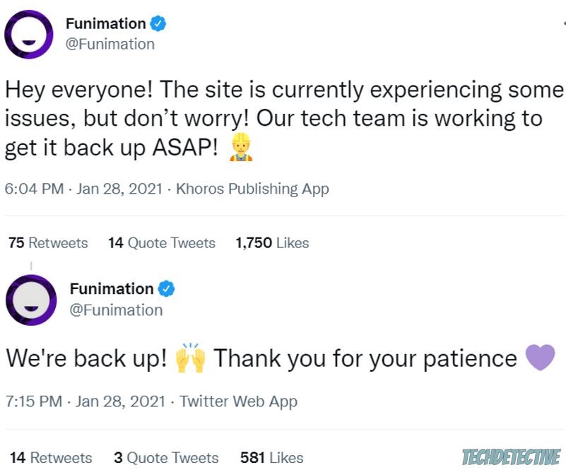 Funimation server status updates on Twitter