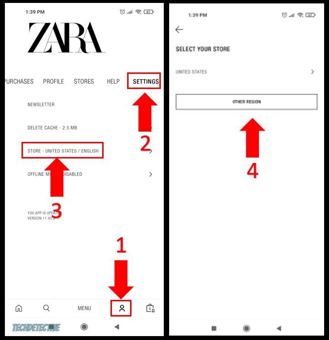 Change the country and currency on the Zara app: Android devices