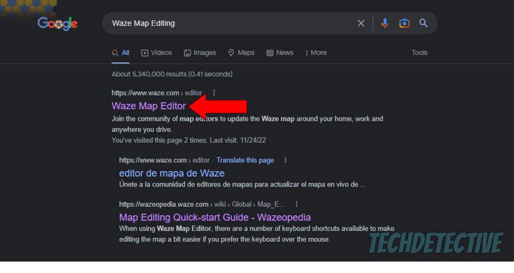 Locate Waze Map Editor website on Google results