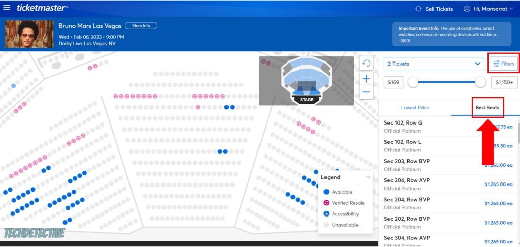 Choose the best available seats on Ticketmaster