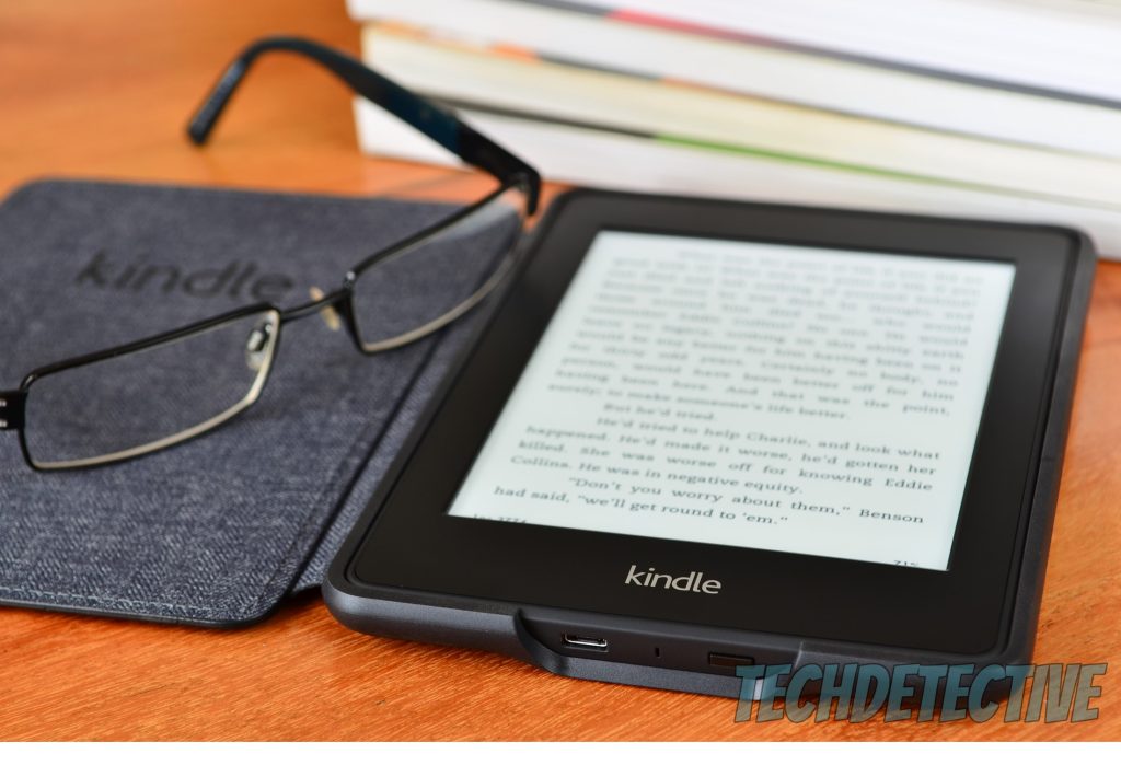 A Kindle device showing text