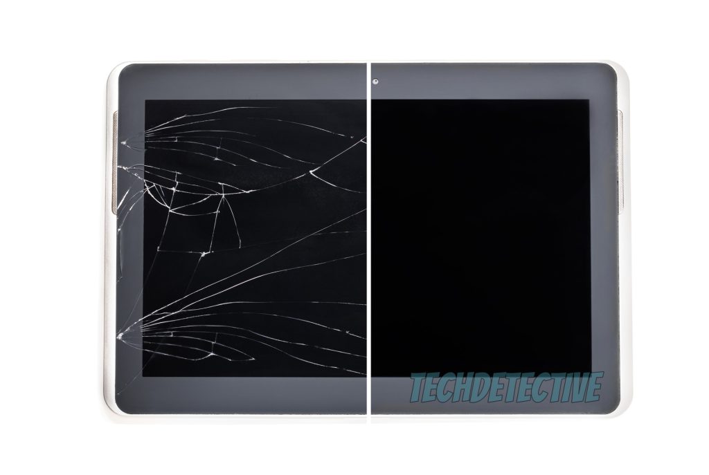 An Amazon Kindle with half its screen cracked