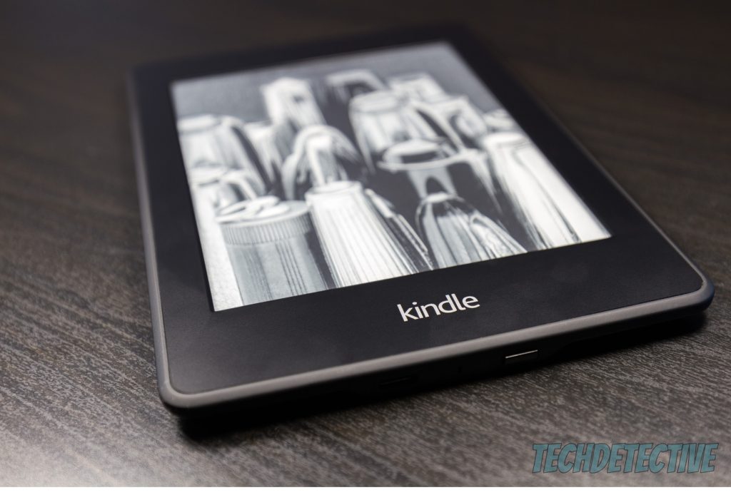 An Amazon Kindle with a visible charging socket